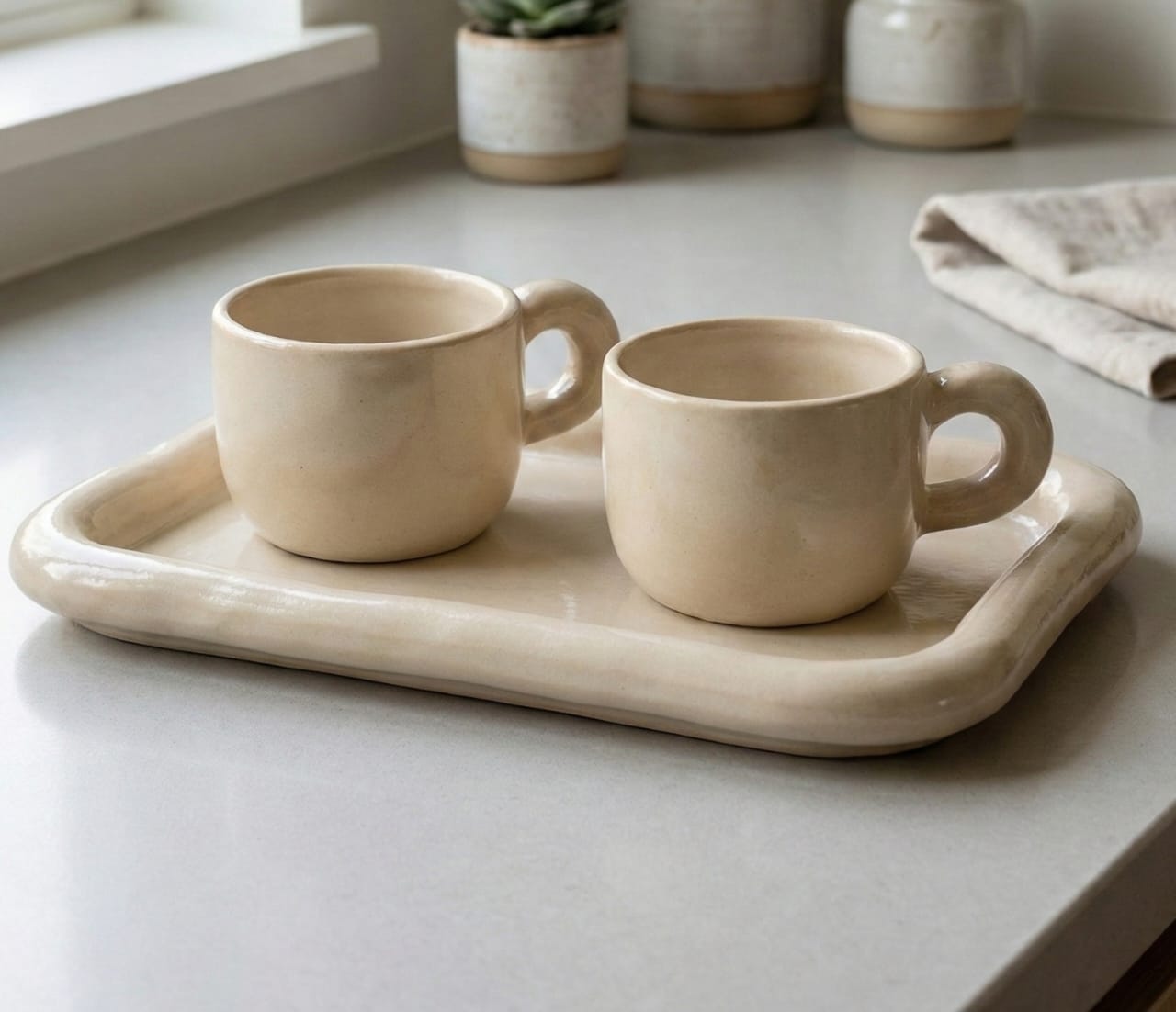Handcrafted Ceramic Cup & Tray Set – Beige Stoneware